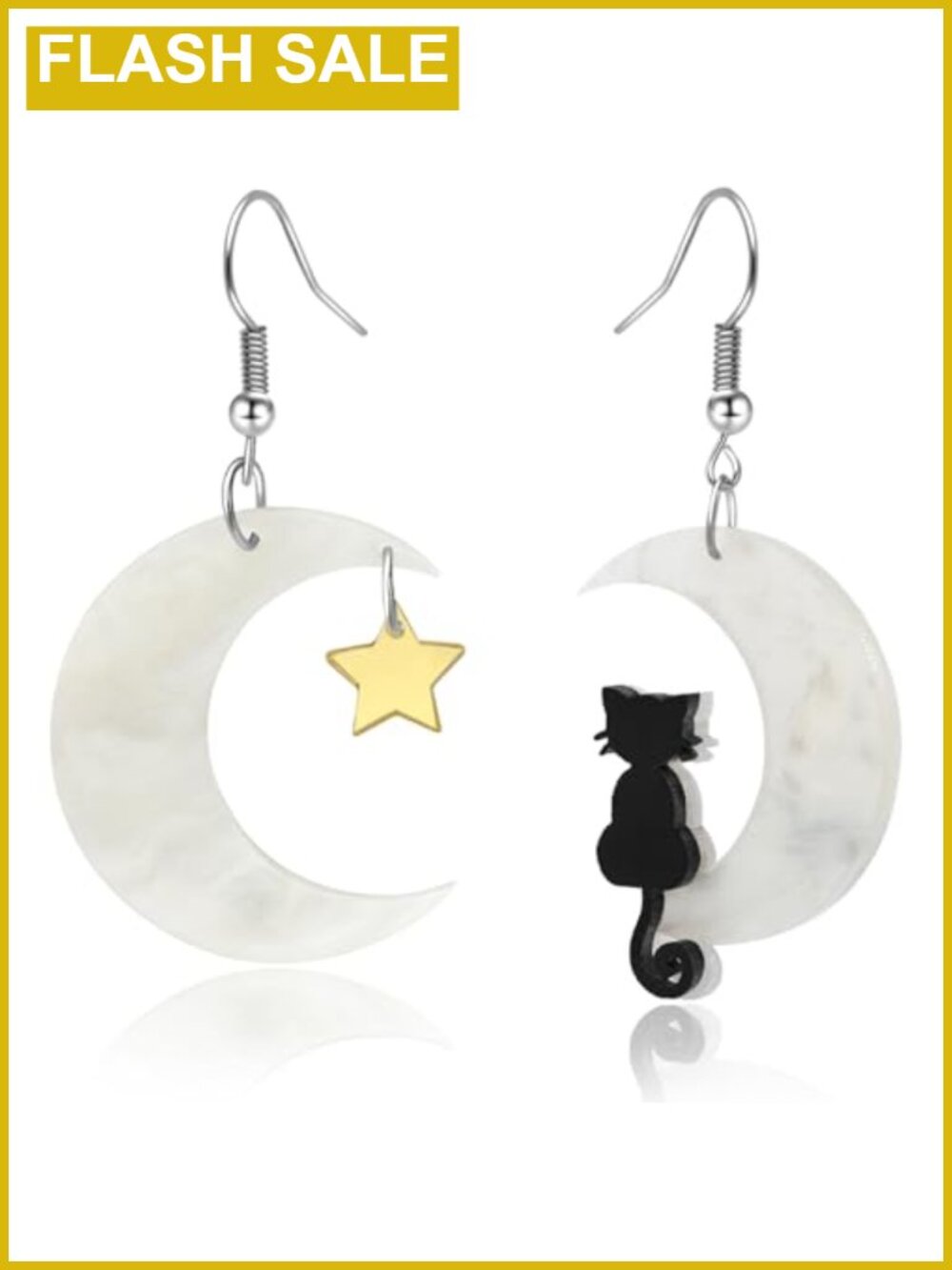 Gothic Black Cat Moon Star Acrylic Dangle Earrings Goth Celestial Jewelry